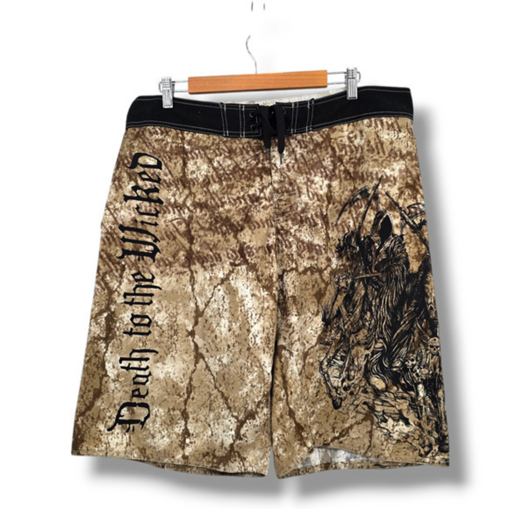 Apprime Men's Y2K Death To The Wicked War Grim Reaper Board‎ Shorts Size XL